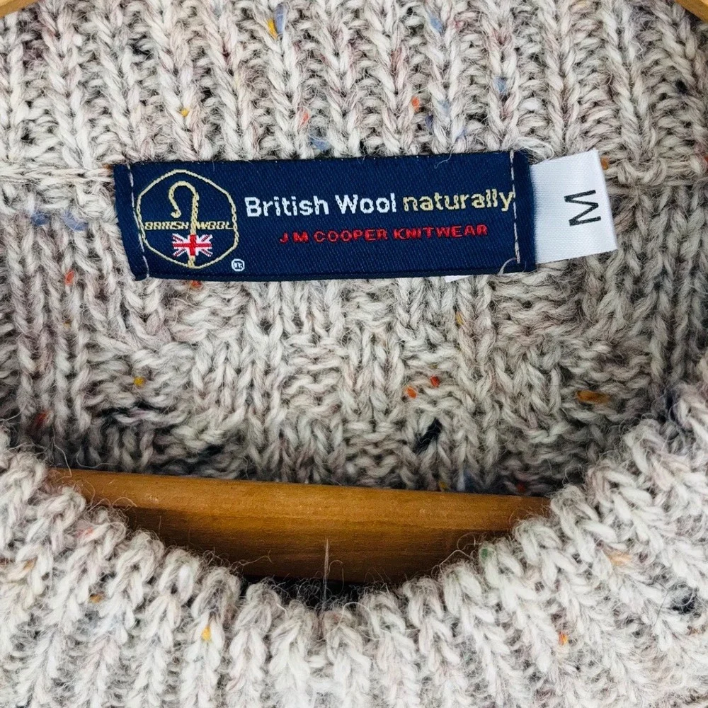 JM Cooper British Wool Cable Knit Sweater Oatmeal Tweed Crew Neck Made in UK M